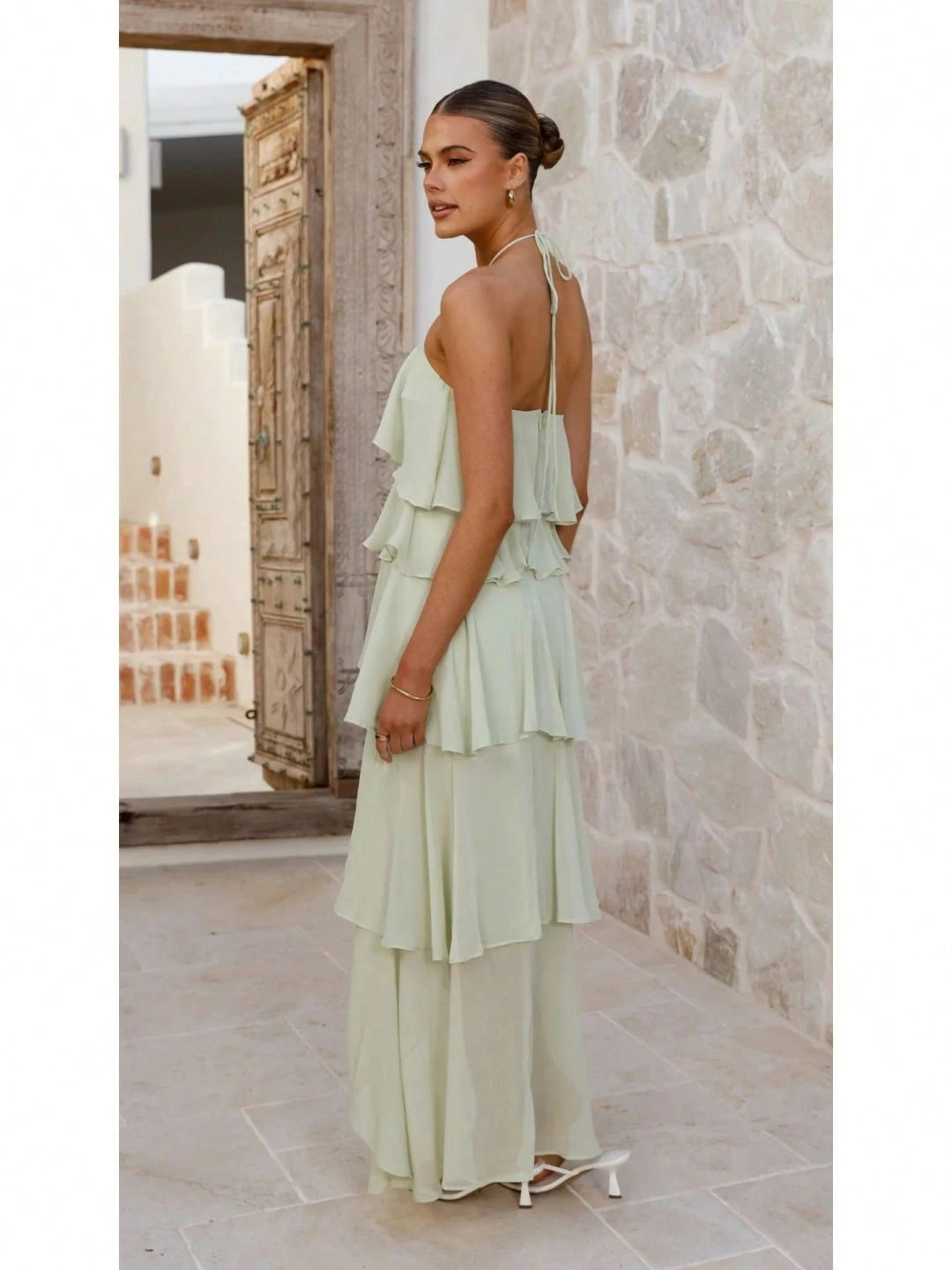 2026 Summer Elegant Solid Halter Neck Maxi Dress, Tiered Ruffle Layered Chiffon Irregular Split Hem Flowy Vacation Dress For Women Beach Wedding