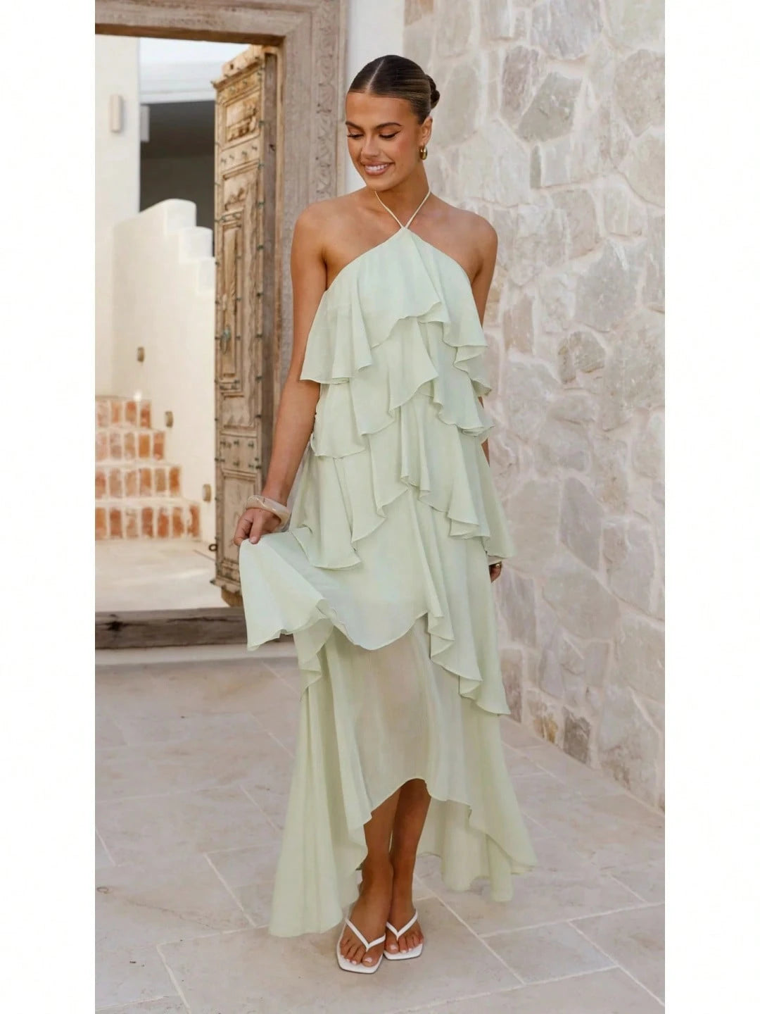 2026 Summer Elegant Solid Halter Neck Maxi Dress, Tiered Ruffle Layered Chiffon Irregular Split Hem Flowy Vacation Dress For Women Beach Wedding