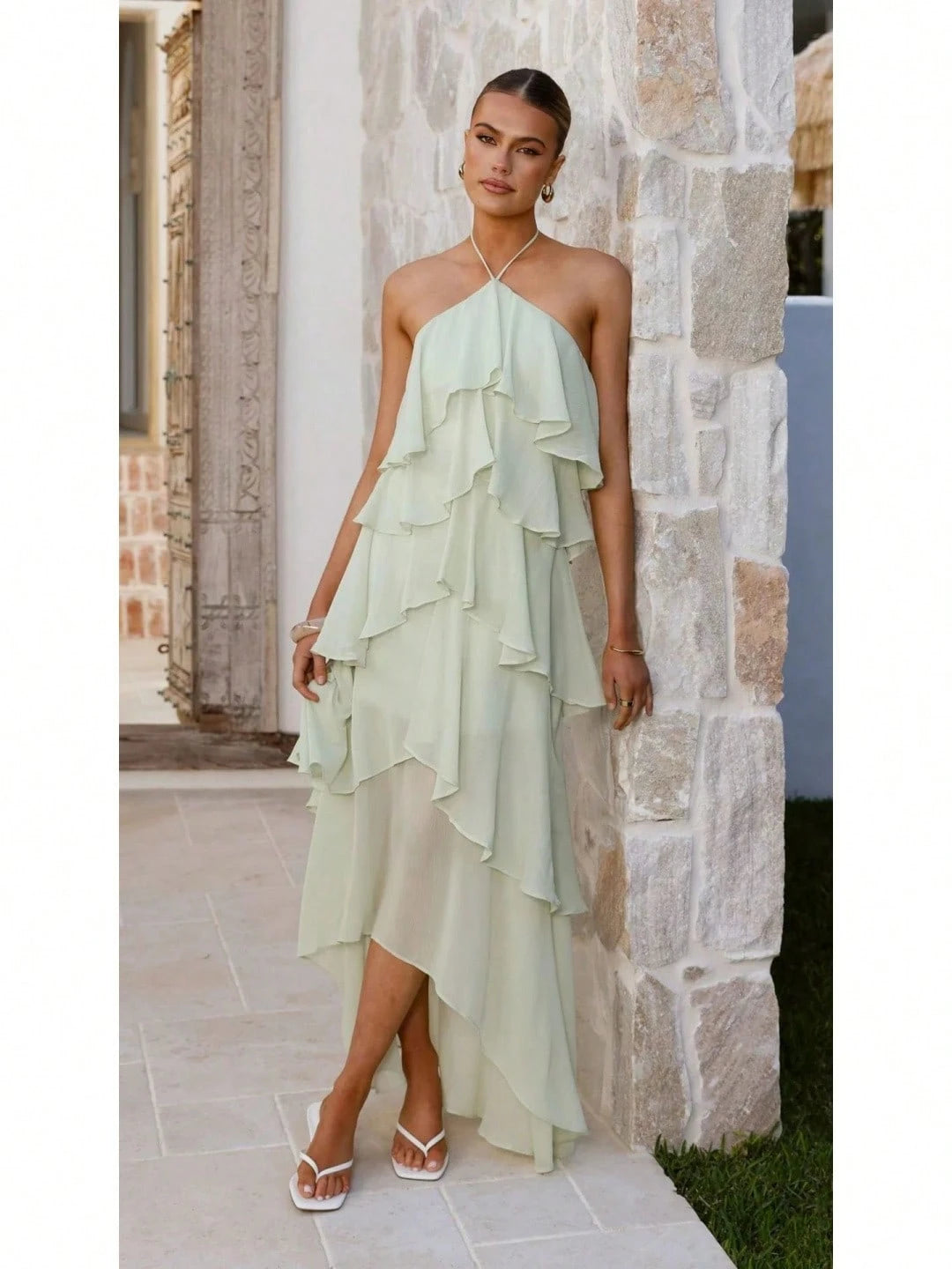 2026 Summer Elegant Solid Halter Neck Maxi Dress, Tiered Ruffle Layered Chiffon Irregular Split Hem Flowy Vacation Dress For Women Beach Wedding