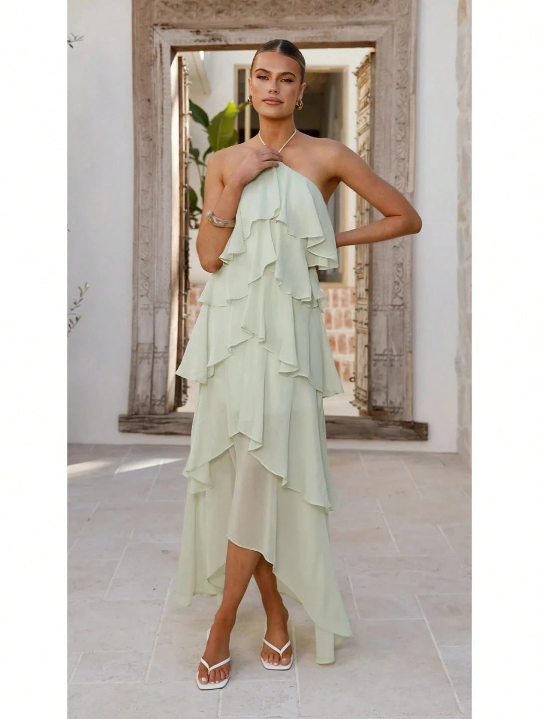 2026 Summer Elegant Solid Halter Neck Maxi Dress, Tiered Ruffle Layered Chiffon Irregular Split Hem Flowy Vacation Dress For Women Beach Wedding