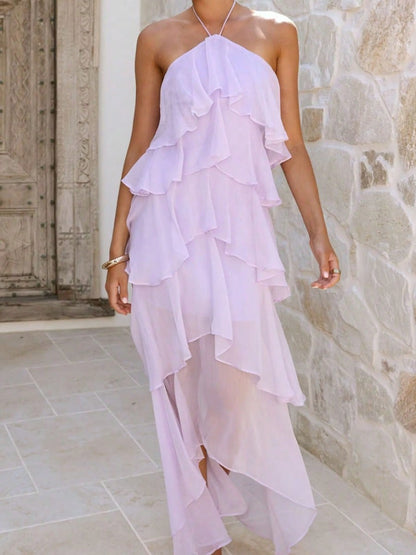 2026 Summer Elegant Solid Halter Neck Maxi Dress, Tiered Ruffle Layered Chiffon Irregular Split Hem Flowy Vacation Dress For Women Beach Wedding