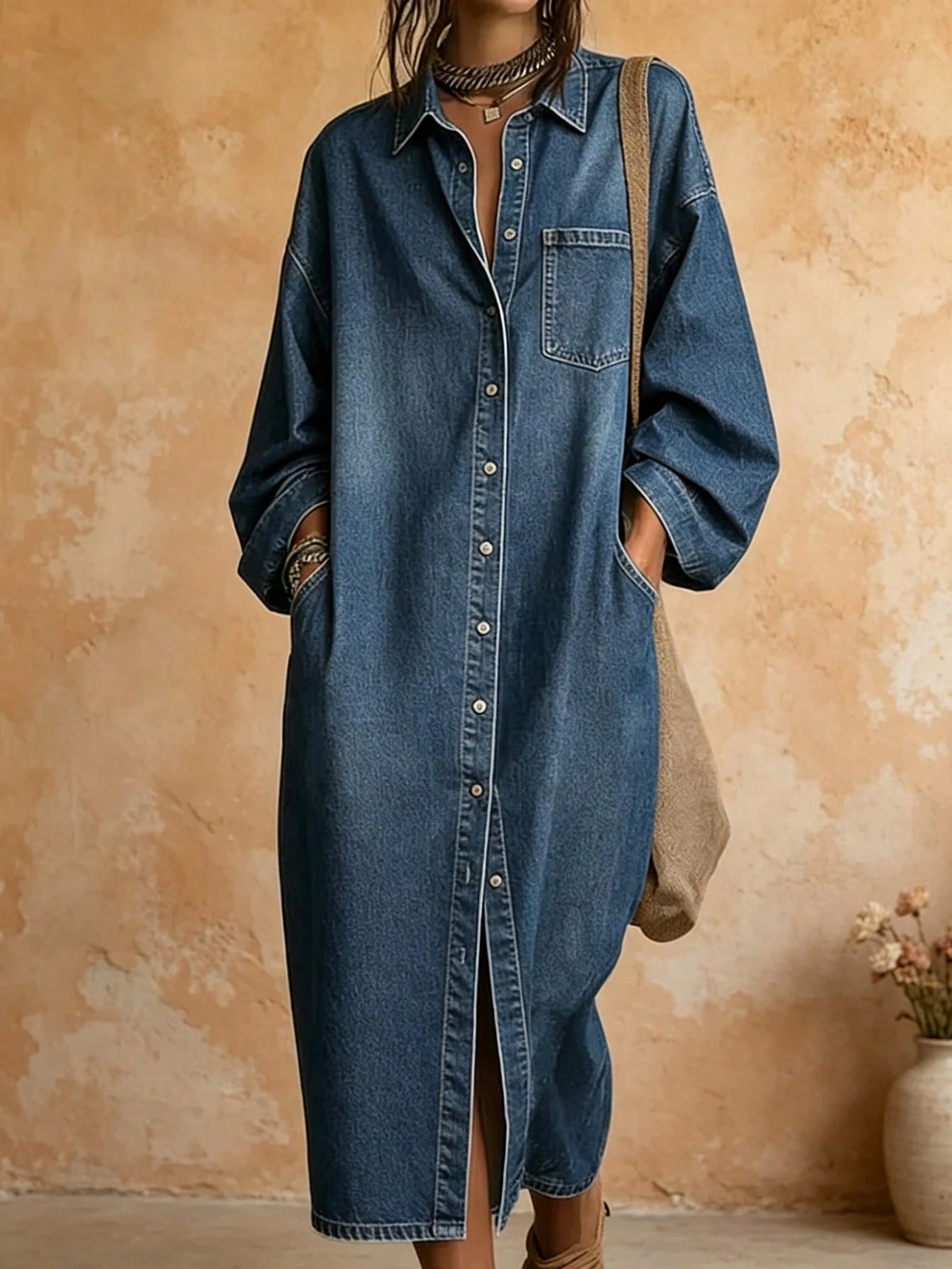 2026 Summer Lapel Collar Button Front Pocket Long Sleeve Oversized Split Hem Denim Shirt Dress Casual Loose Midi Dress