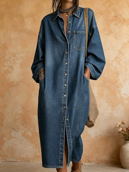 2026 Summer Lapel Collar Button Front Pocket Long Sleeve Oversized Split Hem Denim Shirt Dress Casual Loose Midi Dress