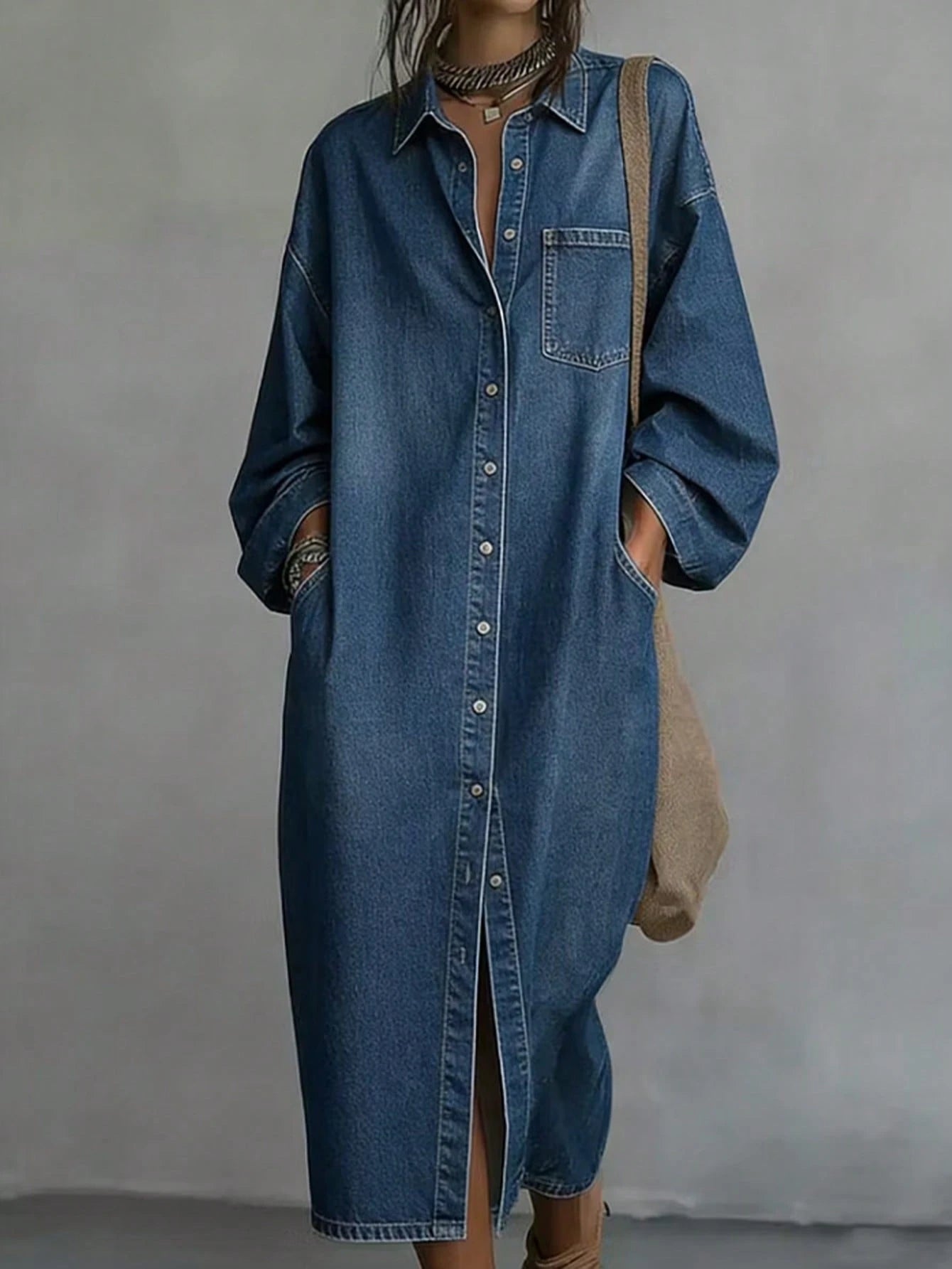 2026 Summer Lapel Collar Button Front Pocket Long Sleeve Oversized Split Hem Denim Shirt Dress Casual Loose Midi Dress