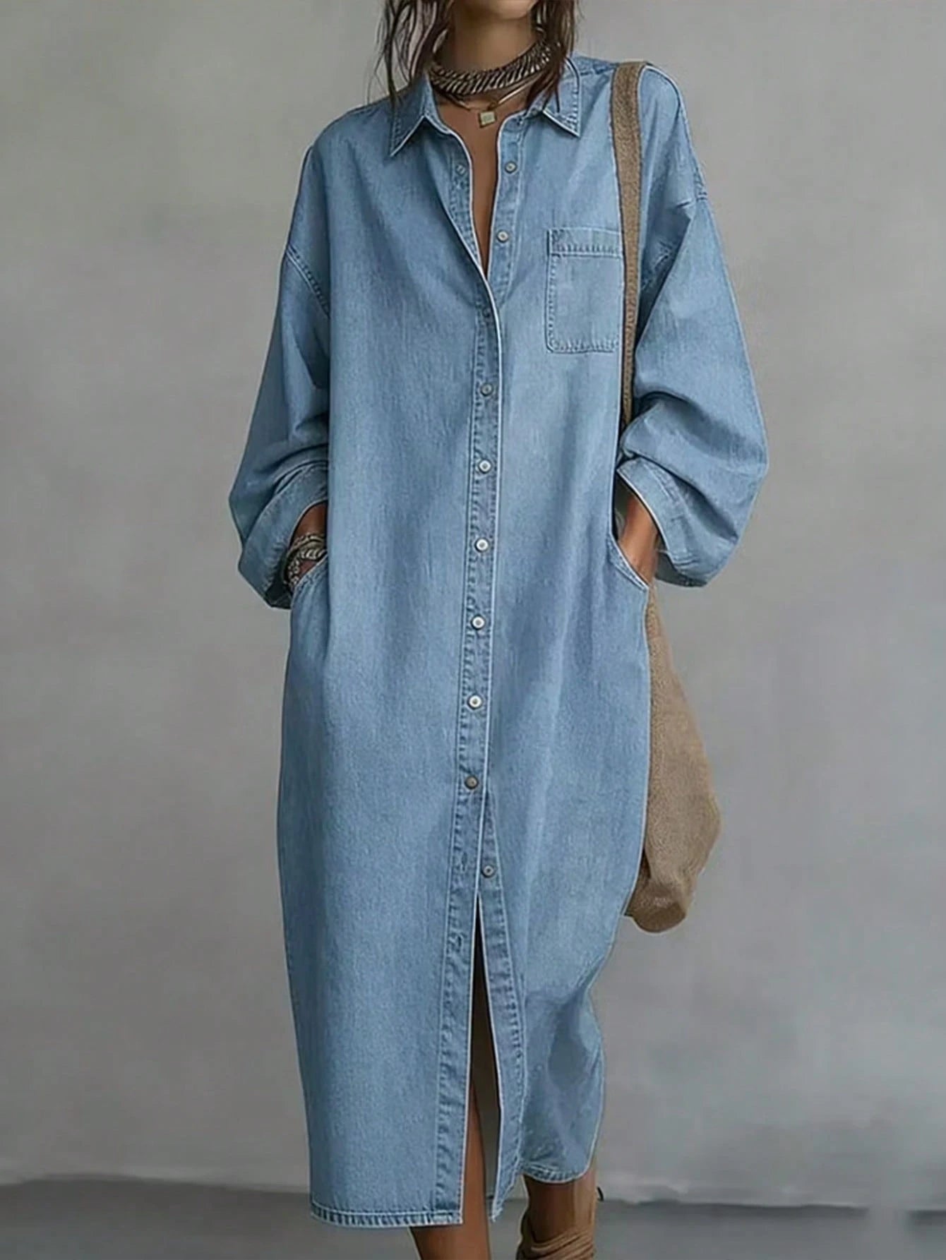 2026 Summer Lapel Collar Button Front Pocket Long Sleeve Oversized Split Hem Denim Shirt Dress Casual Loose Midi Dress