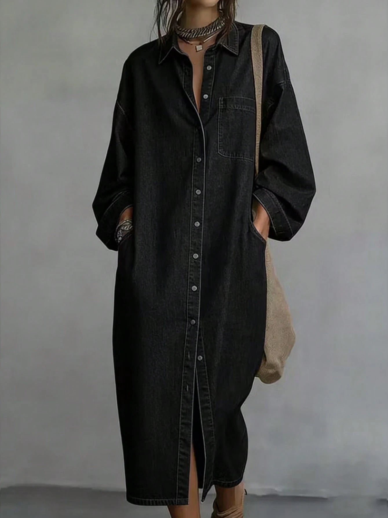 2026 Summer Lapel Collar Button Front Pocket Long Sleeve Oversized Split Hem Denim Shirt Dress Casual Loose Midi Dress