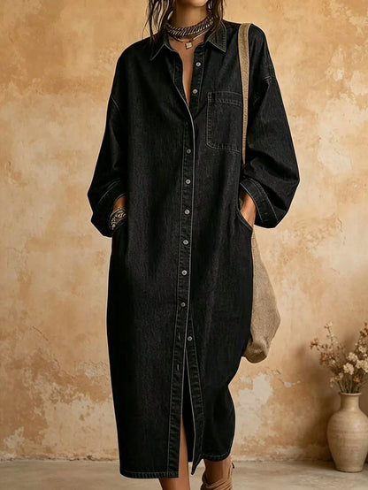 2026 Summer Lapel Collar Button Front Pocket Long Sleeve Oversized Split Hem Denim Shirt Dress Casual Loose Midi Dress