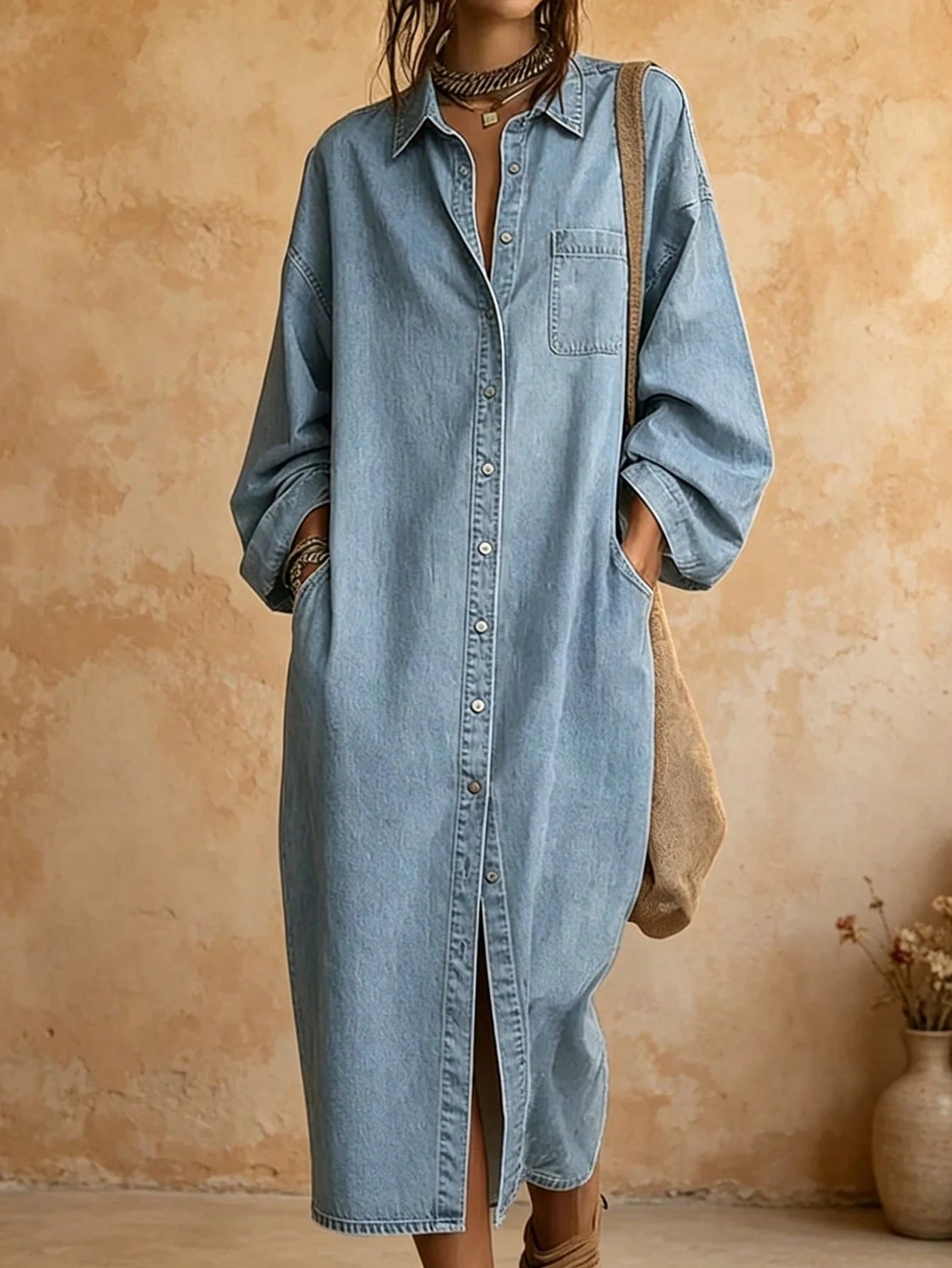2026 Summer Lapel Collar Button Front Pocket Long Sleeve Oversized Split Hem Denim Shirt Dress Casual Loose Midi Dress