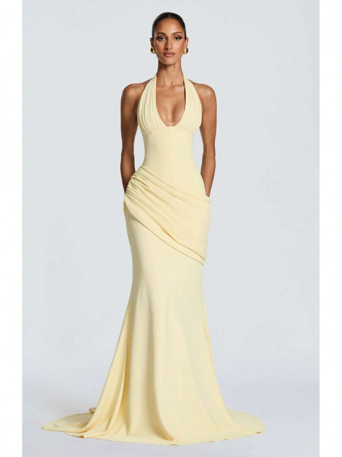 2026 Women Elegant Halter Neck Evening Gown Deep V Design Waist Ruched Slim Fit Floor Length Train Dress For Party Banquet