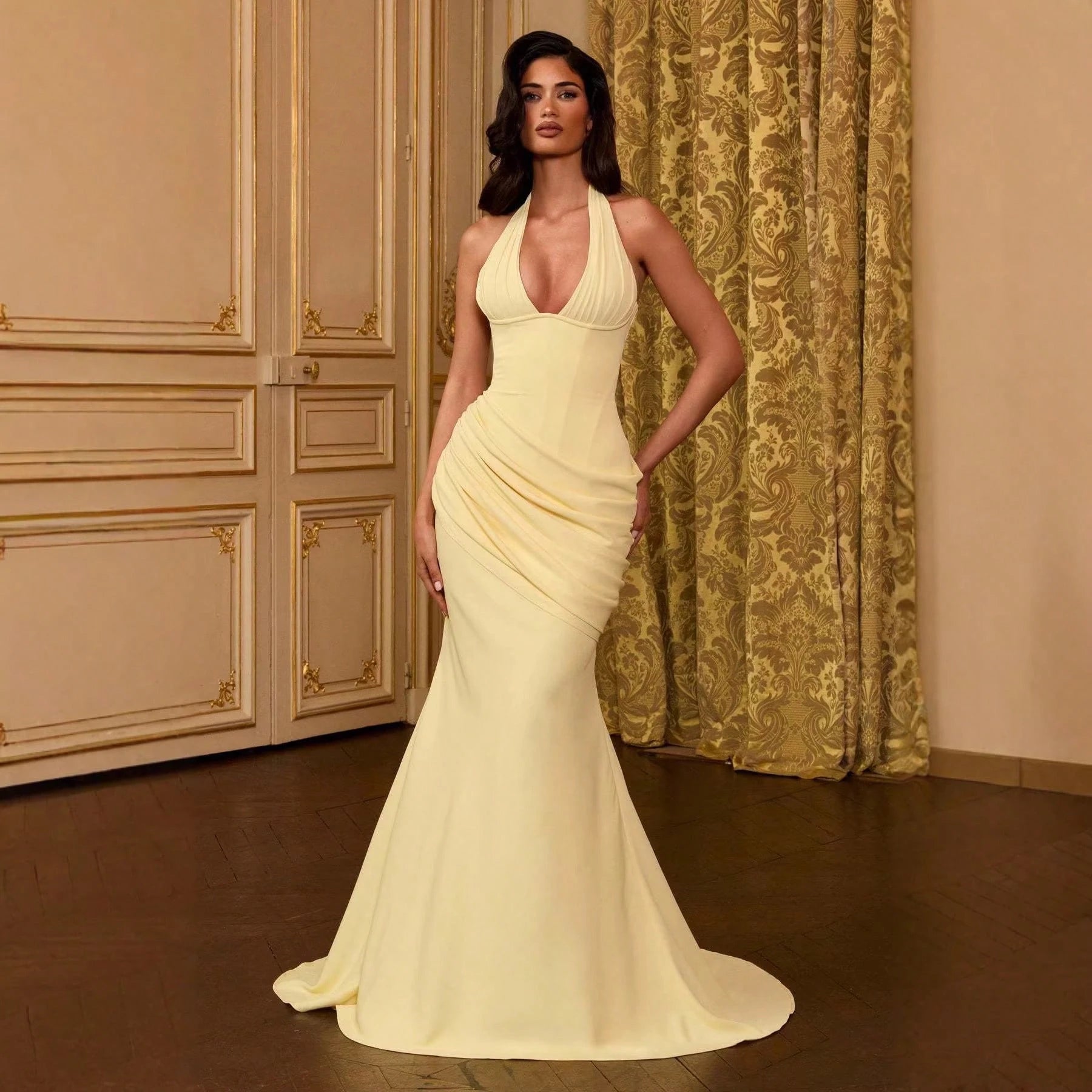 2026 Women Elegant Halter Neck Evening Gown Deep V Design Waist Ruched Slim Fit Floor Length Train Dress For Party Banquet