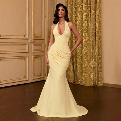 2026 Women Elegant Halter Neck Evening Gown Deep V Design Waist Ruched Slim Fit Floor Length Train Dress For Party Banquet