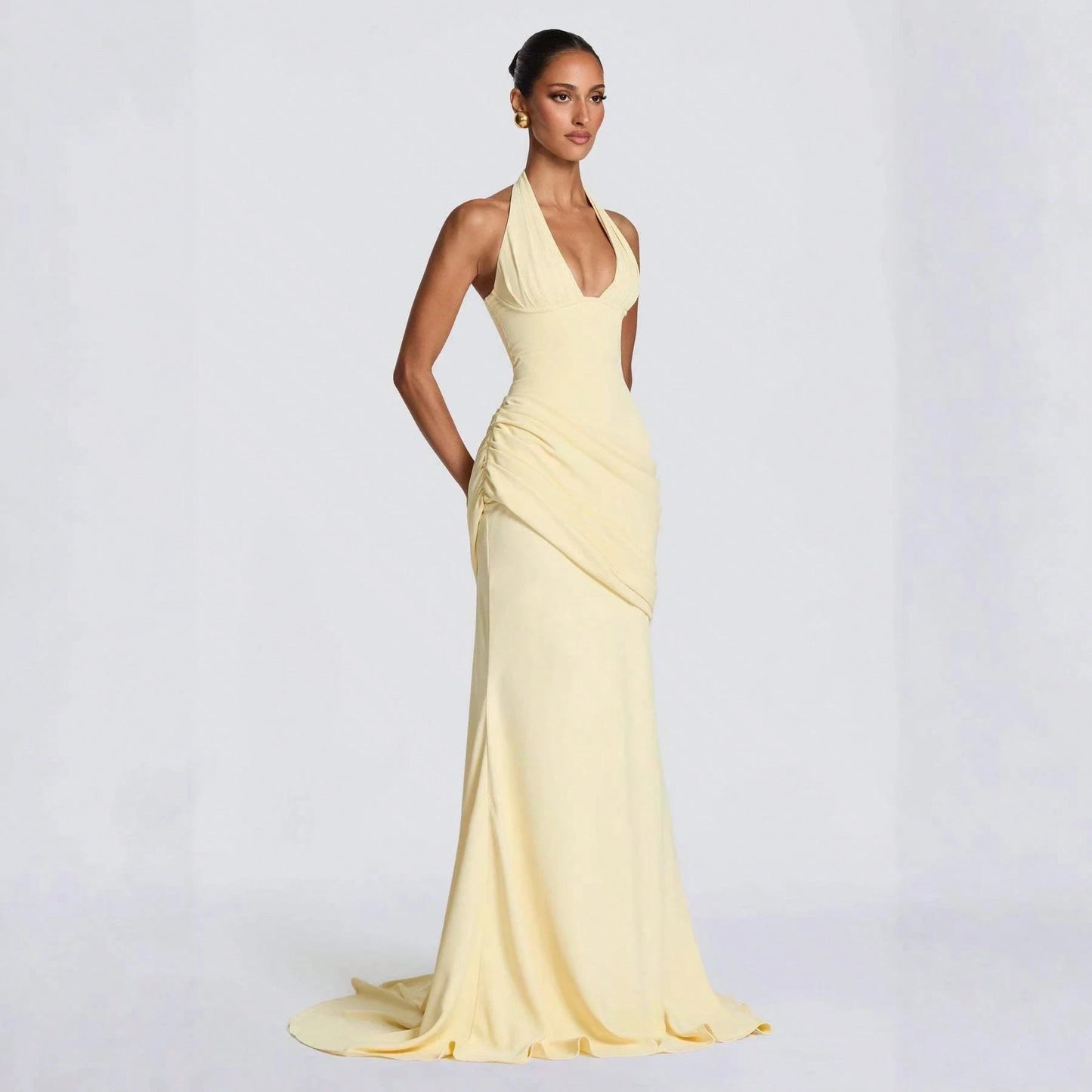 2026 Women Elegant Halter Neck Evening Gown Deep V Design Waist Ruched Slim Fit Floor Length Train Dress For Party Banquet