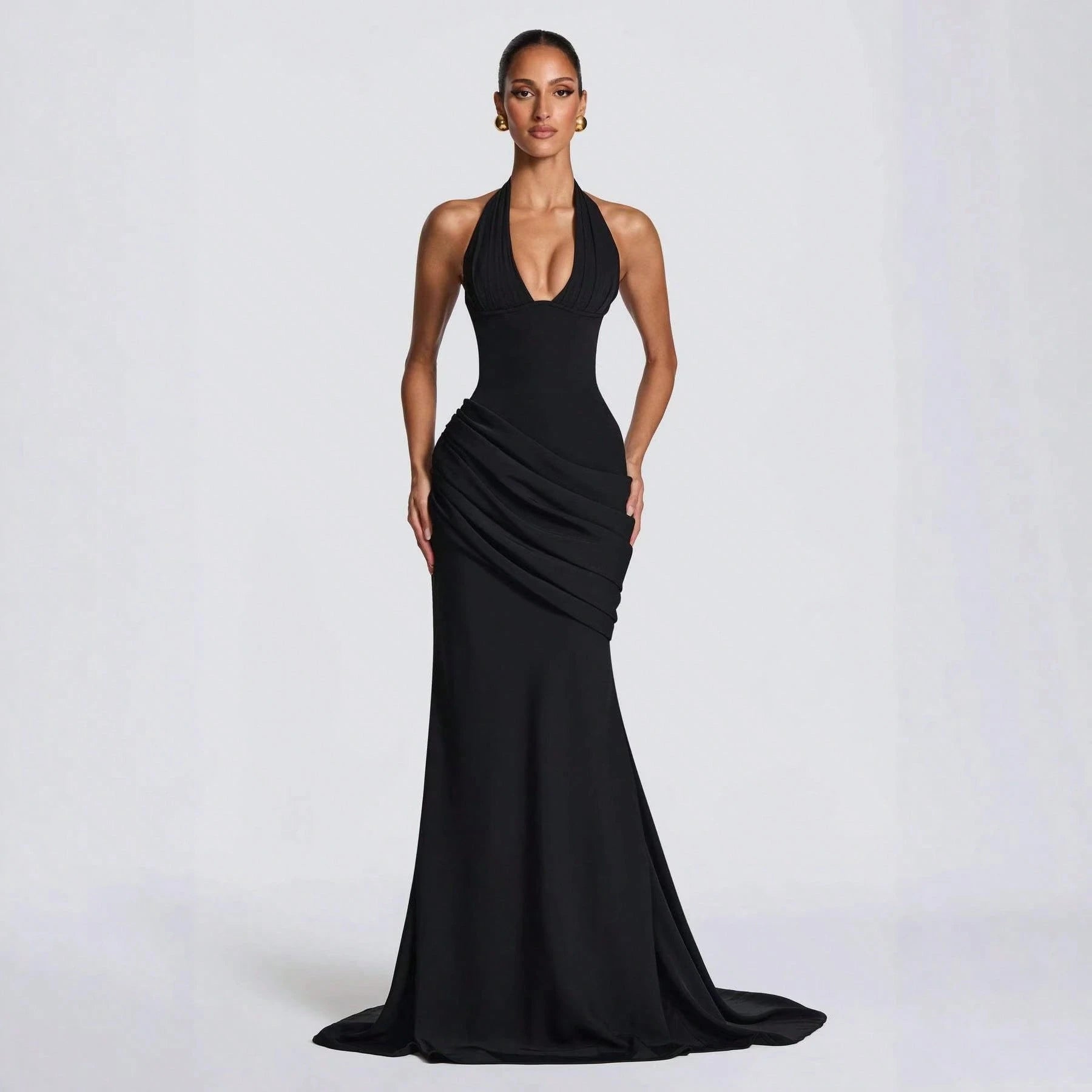 2026 Women Elegant Halter Neck Evening Gown Deep V Design Waist Ruched Slim Fit Floor Length Train Dress For Party Banquet