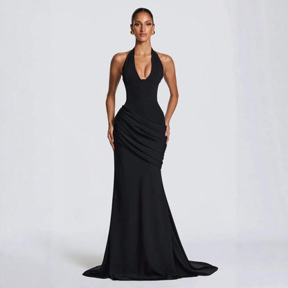 2026 Women Elegant Halter Neck Evening Gown Deep V Design Waist Ruched Slim Fit Floor Length Train Dress For Party Banquet