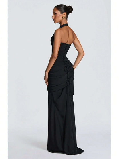 2026 Women Elegant Halter Neck Evening Gown Deep V Design Waist Ruched Slim Fit Floor Length Train Dress For Party Banquet