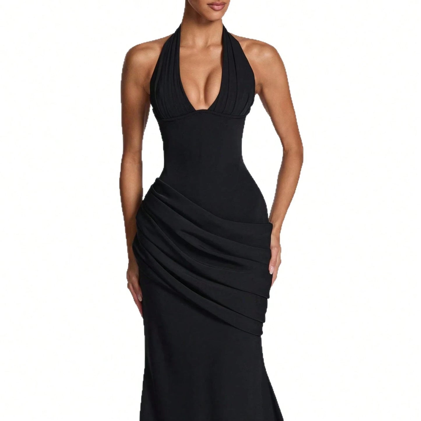 2026 Women Elegant Halter Neck Evening Gown Deep V Design Waist Ruched Slim Fit Floor Length Train Dress For Party Banquet