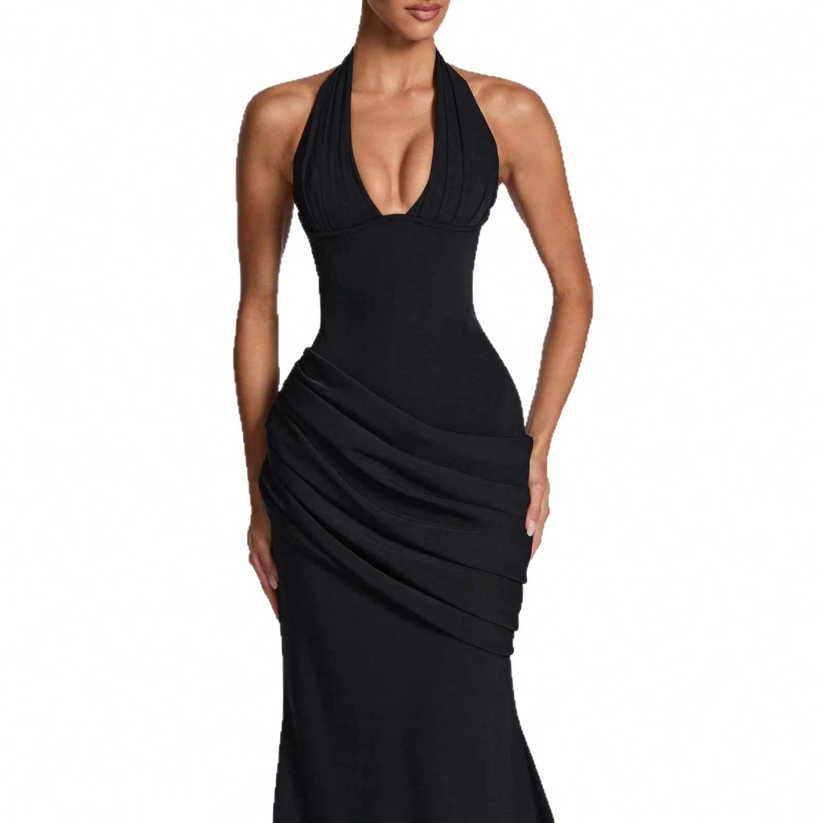 2026 Women Elegant Halter Neck Evening Gown Deep V Design Waist Ruched Slim Fit Floor Length Train Dress For Party Banquet