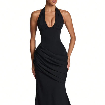 2026 Women Elegant Halter Neck Evening Gown Deep V Design Waist Ruched Slim Fit Floor Length Train Dress For Party Banquet