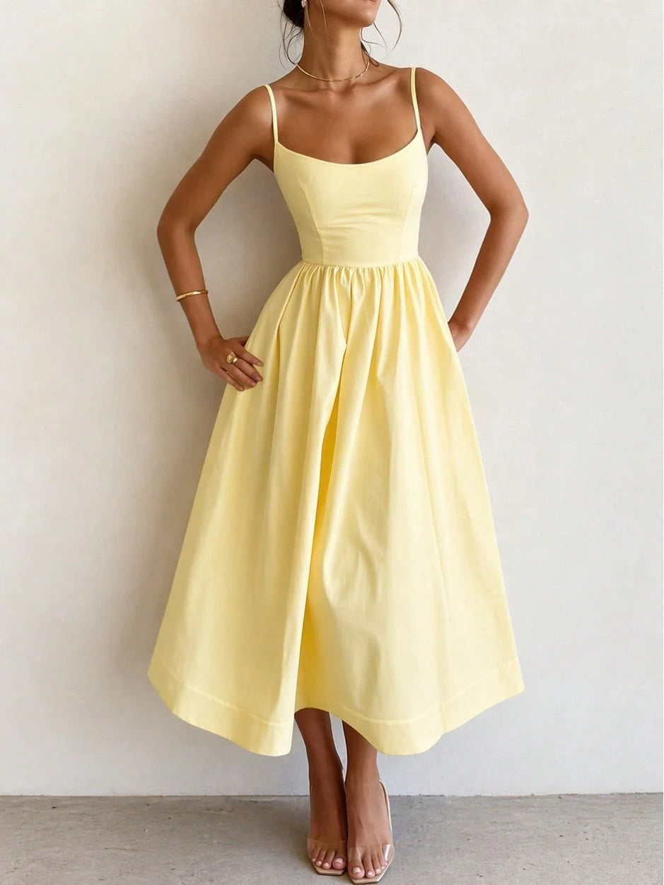 2026 Women's Pastel Yellow Spaghetti Strap Midi Dress, A-Line Flared Skirt With Fitted Bodice, Elegant Casual & Formal Dress For Bridal Showers, Gard
