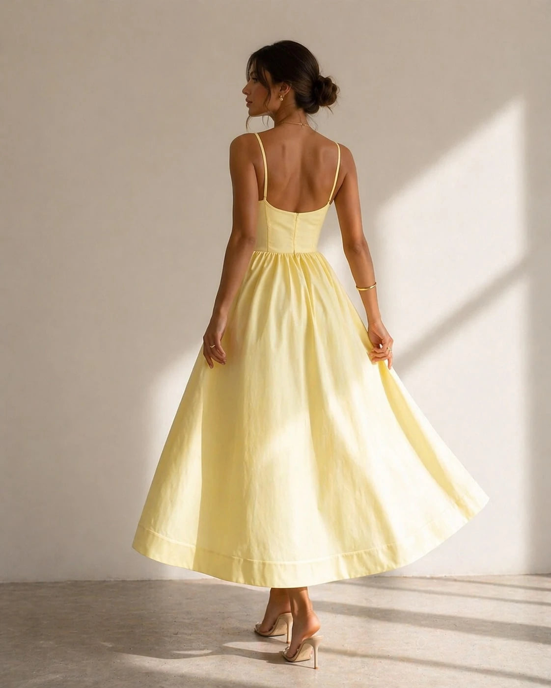 2026 Women's Pastel Yellow Spaghetti Strap Midi Dress, A-Line Flared Skirt With Fitted Bodice, Elegant Casual & Formal Dress For Bridal Showers, Gard