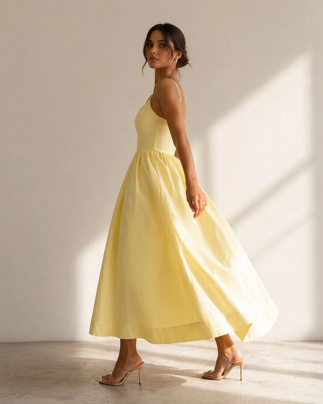 2026 Women's Pastel Yellow Spaghetti Strap Midi Dress, A-Line Flared Skirt With Fitted Bodice, Elegant Casual & Formal Dress For Bridal Showers, Gard
