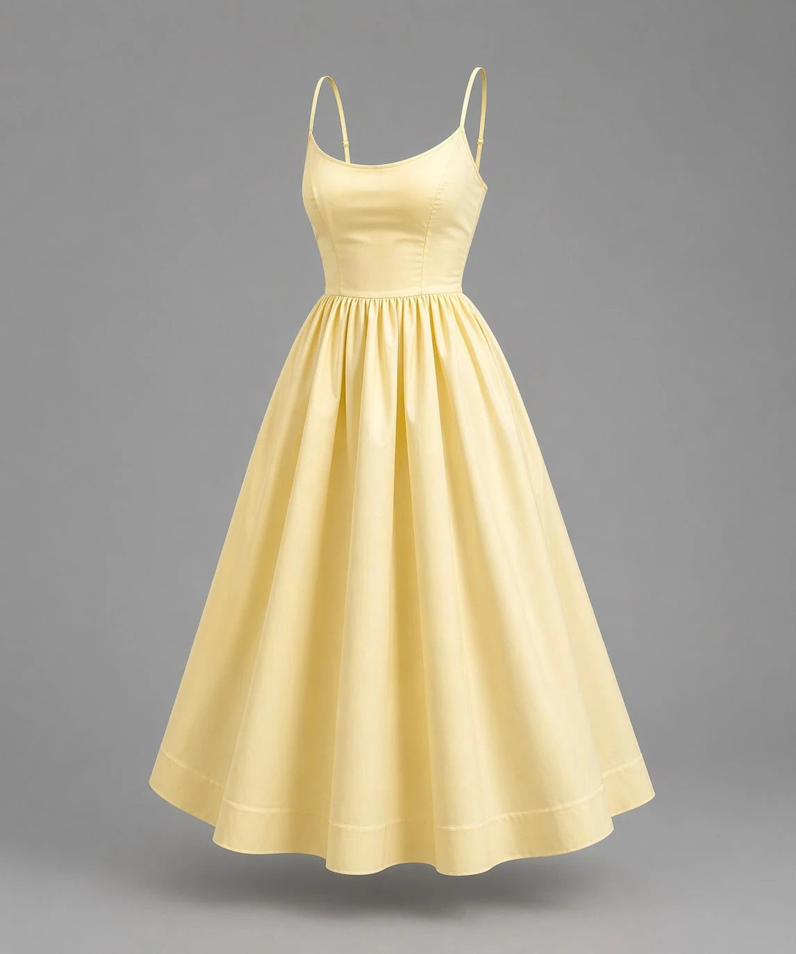 2026 Women's Pastel Yellow Spaghetti Strap Midi Dress, A-Line Flared Skirt With Fitted Bodice, Elegant Casual & Formal Dress For Bridal Showers, Gard