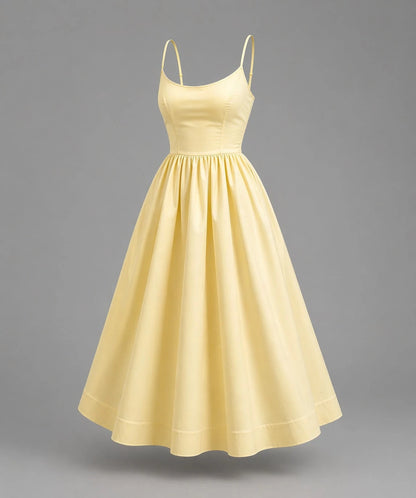 2026 Women's Pastel Yellow Spaghetti Strap Midi Dress, A-Line Flared Skirt With Fitted Bodice, Elegant Casual & Formal Dress For Bridal Showers, Gard