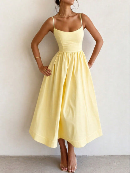 2026 Women's Pastel Yellow Spaghetti Strap Midi Dress, A-Line Flared Skirt With Fitted Bodice, Elegant Casual & Formal Dress For Bridal Showers, Gard