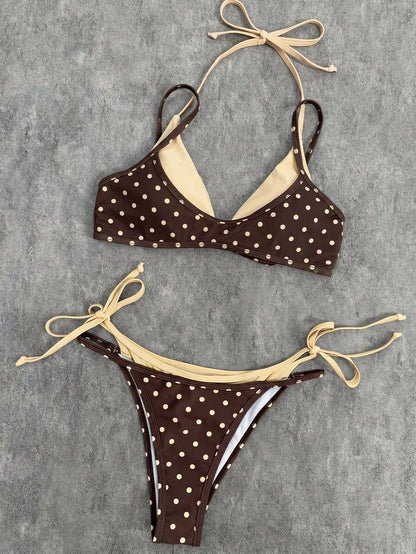 2026 Women's Swimwear Set, Polka Dot Contrast Color Halter Sexy Backless Bikini Top And Thong Bottom, Suitable For Valentine's Day, Beach, Resort, Outdoor Vacation Summer, Modern Retro