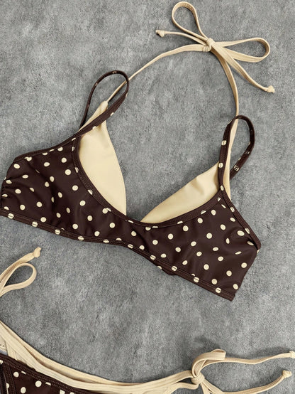 2026 Women's Swimwear Set, Polka Dot Contrast Color Halter Sexy Backless Bikini Top And Thong Bottom, Suitable For Valentine's Day, Beach, Resort, Outdoor Vacation Summer, Modern Retro