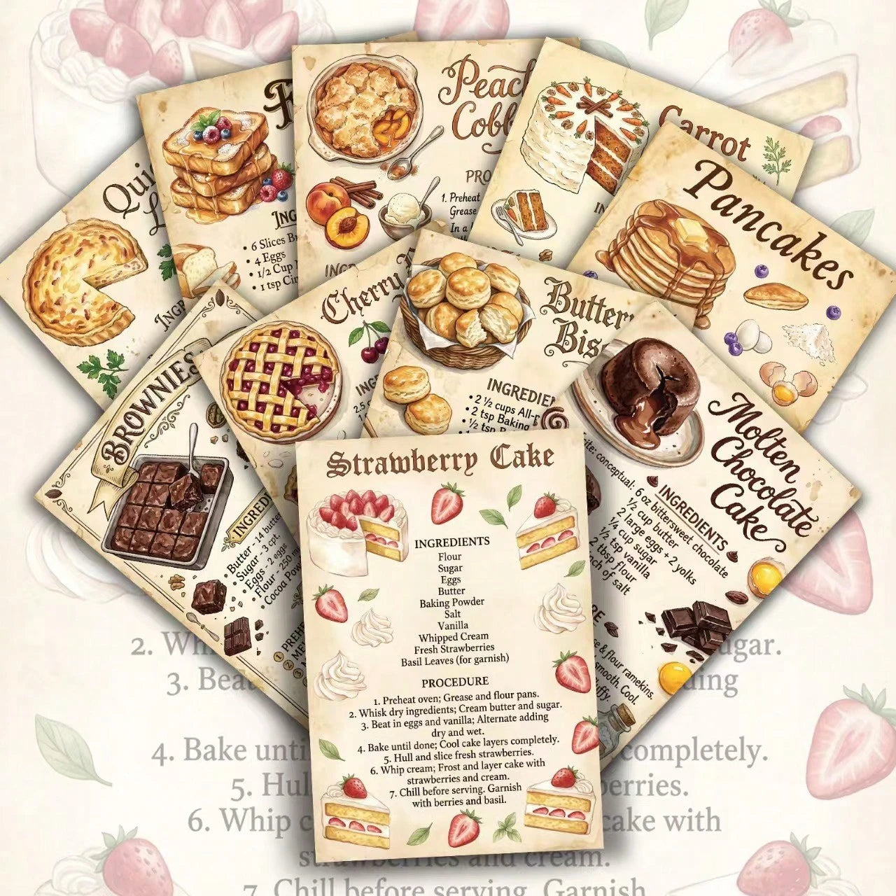 20pcs Vintage Printed Recipe Cards, 3.9*5.7 Inch Dessert Baking Illustrations & Steps, Single-Sided Vintage Cooking Reference Card Set, Suitable For Home Kitchen, Recipe Collection & Baking Gifts