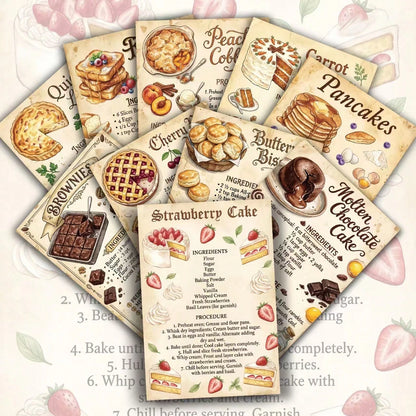 20pcs Vintage Printed Recipe Cards, 3.9*5.7 Inch Dessert Baking Illustrations & Steps, Single-Sided Vintage Cooking Reference Card Set, Suitable For Home Kitchen, Recipe Collection & Baking Gifts