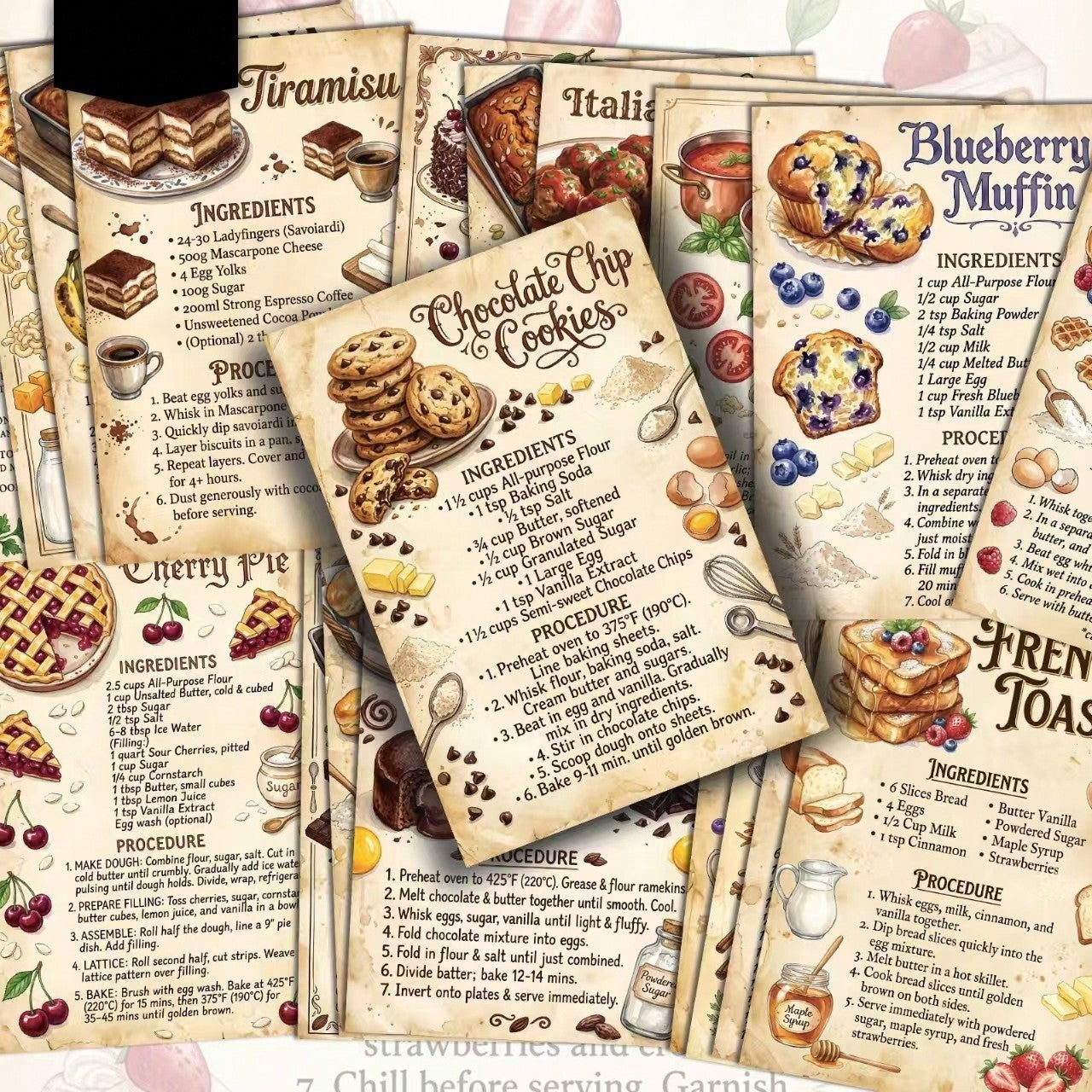 20pcs Vintage Printed Recipe Cards, 3.9*5.7 Inch Dessert Baking Illustrations & Steps, Single-Sided Vintage Cooking Reference Card Set, Suitable For Home Kitchen, Recipe Collection & Baking Gifts