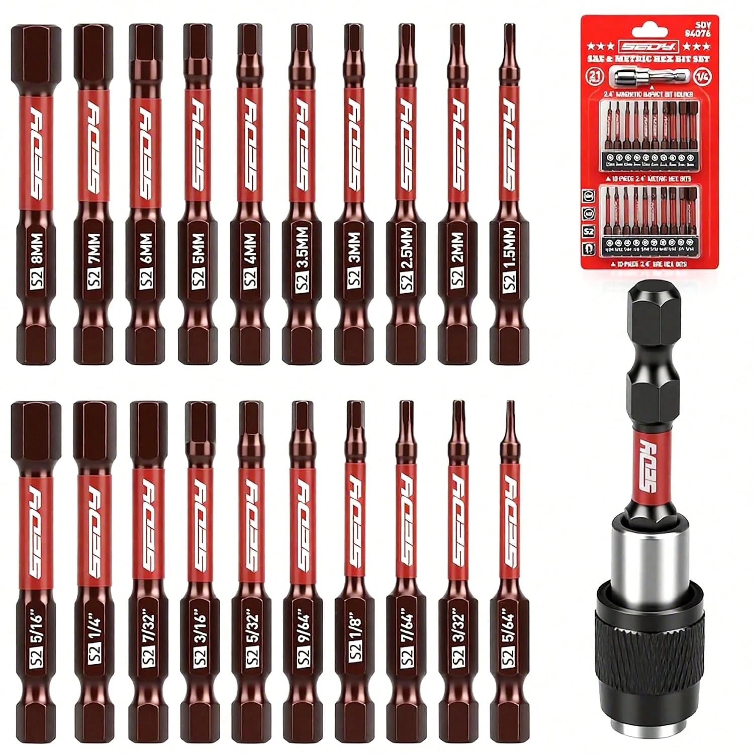 21-Piece 2.5" Hex Head Allen Wrench Drill Bit Set, 1/4" Hex Screwdriver Bits Set With Durable Magnetic Impact Bit Holder, SAE &Amp; Metric Allen Key, S2 Steel, Mechanic Home Repair