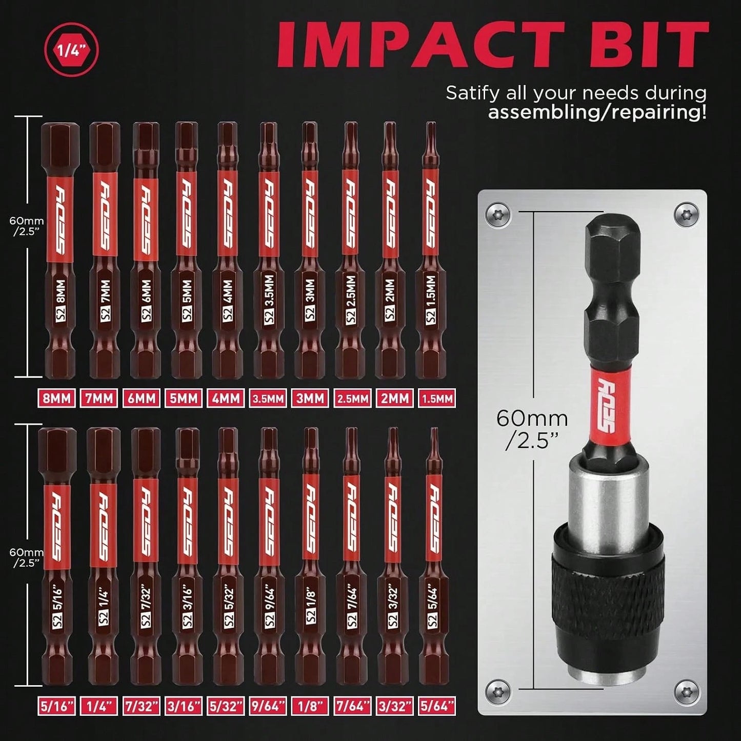 21-Piece 2.5" Hex Head Allen Wrench Drill Bit Set, 1/4" Hex Screwdriver Bits Set With Durable Magnetic Impact Bit Holder, SAE &Amp; Metric Allen Key, S2 Steel, Mechanic Home Repair