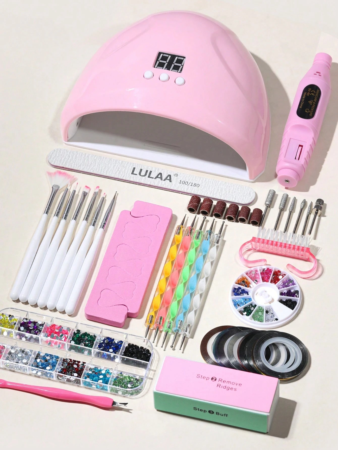 22pcs Nail Art Kit: Nail Lamp, Nail Drill, Nail Art Pens, Dotting Pen, Nail Decorations, Finger Separator, Cuticle Pusher, Cuticle Nipper, Nail Gold/Silver Wire, Nail Brush