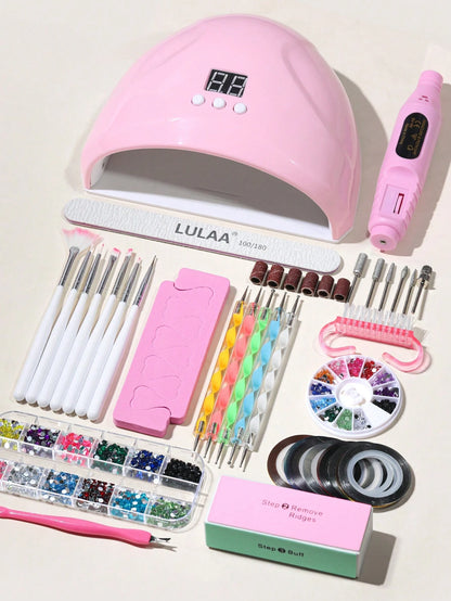 22pcs Nail Art Kit: Nail Lamp, Nail Drill, Nail Art Pens, Dotting Pen, Nail Decorations, Finger Separator, Cuticle Pusher, Cuticle Nipper, Nail Gold/Silver Wire, Nail Brush