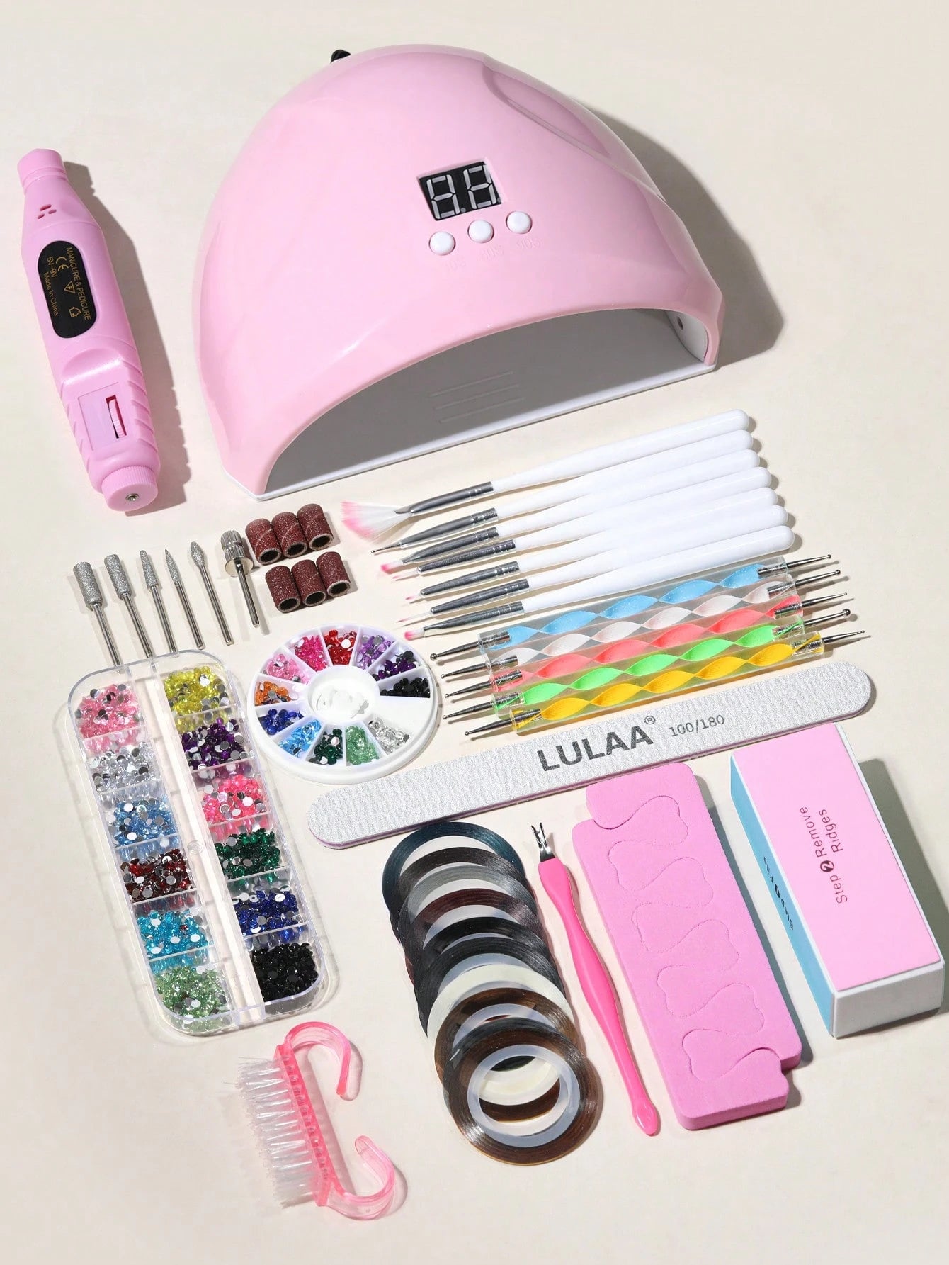 22pcs Nail Art Kit: Nail Lamp, Nail Drill, Nail Art Pens, Dotting Pen, Nail Decorations, Finger Separator, Cuticle Pusher, Cuticle Nipper, Nail Gold/Silver Wire, Nail Brush