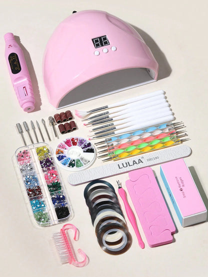 22pcs Nail Art Kit: Nail Lamp, Nail Drill, Nail Art Pens, Dotting Pen, Nail Decorations, Finger Separator, Cuticle Pusher, Cuticle Nipper, Nail Gold/Silver Wire, Nail Brush