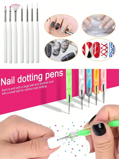 22pcs Nail Art Kit: Nail Lamp, Nail Drill, Nail Art Pens, Dotting Pen, Nail Decorations, Finger Separator, Cuticle Pusher, Cuticle Nipper, Nail Gold/Silver Wire, Nail Brush