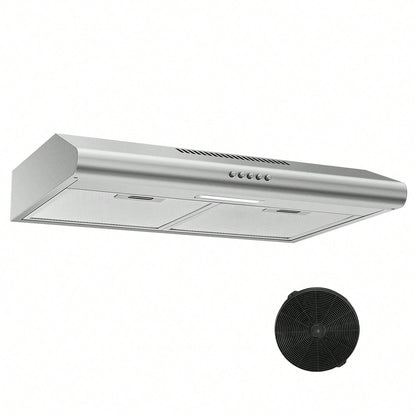 24 Inch Range Hood Under Cabinet, Stainless Steel Range Hood 280CFM, Slim Kitchen Stove Hood W/Push Button, Ducted/Ductless Convertible, 3 Speeds Exhaust Fan, LED Light And Carbon Filter