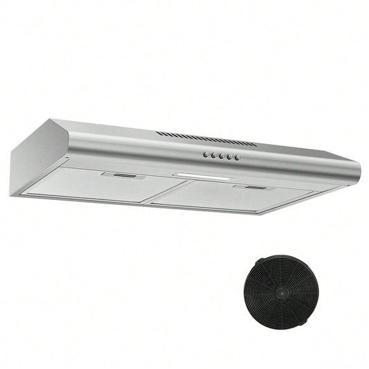24 Inch Range Hood Under Cabinet, Stainless Steel Range Hood 280CFM, Slim Kitchen Stove Hood W/Push Button, Ducted/Ductless Convertible, 3 Speeds Exhaust Fan, LED Light And Carbon Filter