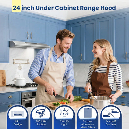 24 Inch Range Hood Under Cabinet, Stainless Steel Range Hood 280CFM, Slim Kitchen Stove Hood W/Push Button, Ducted/Ductless Convertible, 3 Speeds Exhaust Fan, LED Light And Carbon Filter