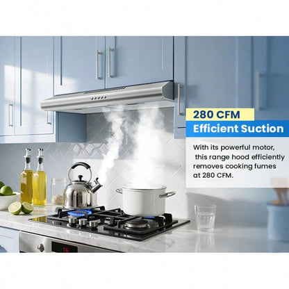 24 Inch Range Hood Under Cabinet, Stainless Steel Range Hood 280CFM, Slim Kitchen Stove Hood W/Push Button, Ducted/Ductless Convertible, 3 Speeds Exhaust Fan, LED Light And Carbon Filter