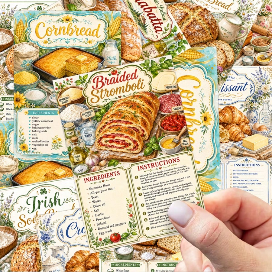 24pcs Vintage Floral European Bread Recipe Scrapbook Cards, Pastel Cottagecore Baking Print Decorative Ephemera Paper Cards For Junk Journal, Planner Decor, Scrapbooking, Bread Baking Theme Party All
