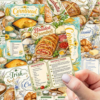 24pcs Vintage Floral European Bread Recipe Scrapbook Cards, Pastel Cottagecore Baking Print Decorative Ephemera Paper Cards For Junk Journal, Planner Decor, Scrapbooking, Bread Baking Theme Party All