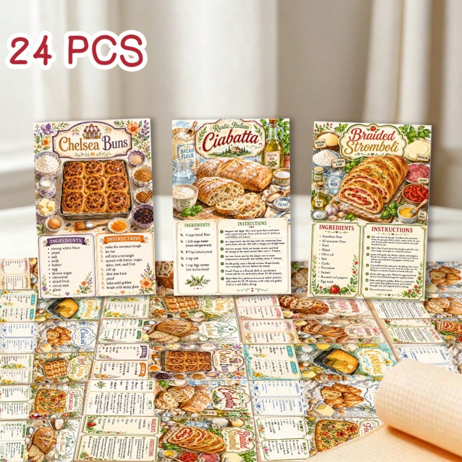 24pcs Vintage Floral European Bread Recipe Scrapbook Cards, Pastel Cottagecore Baking Print Decorative Ephemera Paper Cards For Junk Journal, Planner Decor, Scrapbooking, Bread Baking Theme Party All