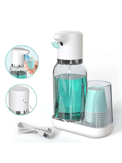 25oz Automatic Mouthwash Dispenser For Bathroom 750ml Electric Mouth Wash Dispenser Bottle Rechargable With Cups Holder Plastic Soap Dispenser For Restroom