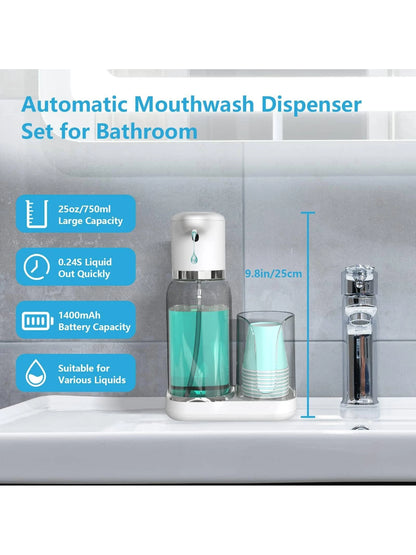 25oz Automatic Mouthwash Dispenser For Bathroom 750ml Electric Mouth Wash Dispenser Bottle Rechargable With Cups Holder Plastic Soap Dispenser For Restroom