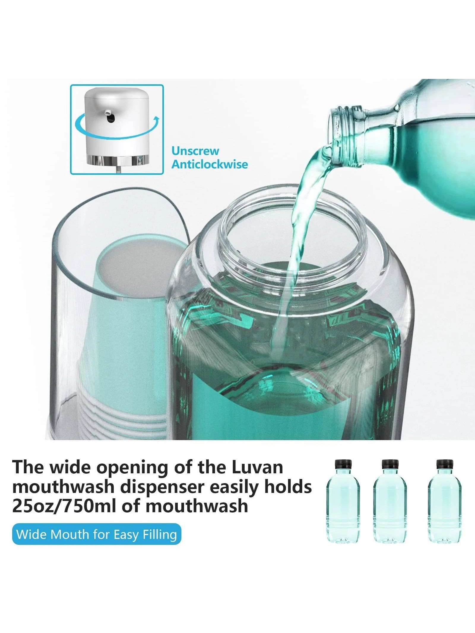 25oz Automatic Mouthwash Dispenser For Bathroom 750ml Electric Mouth Wash Dispenser Bottle Rechargable With Cups Holder Plastic Soap Dispenser For Restroom